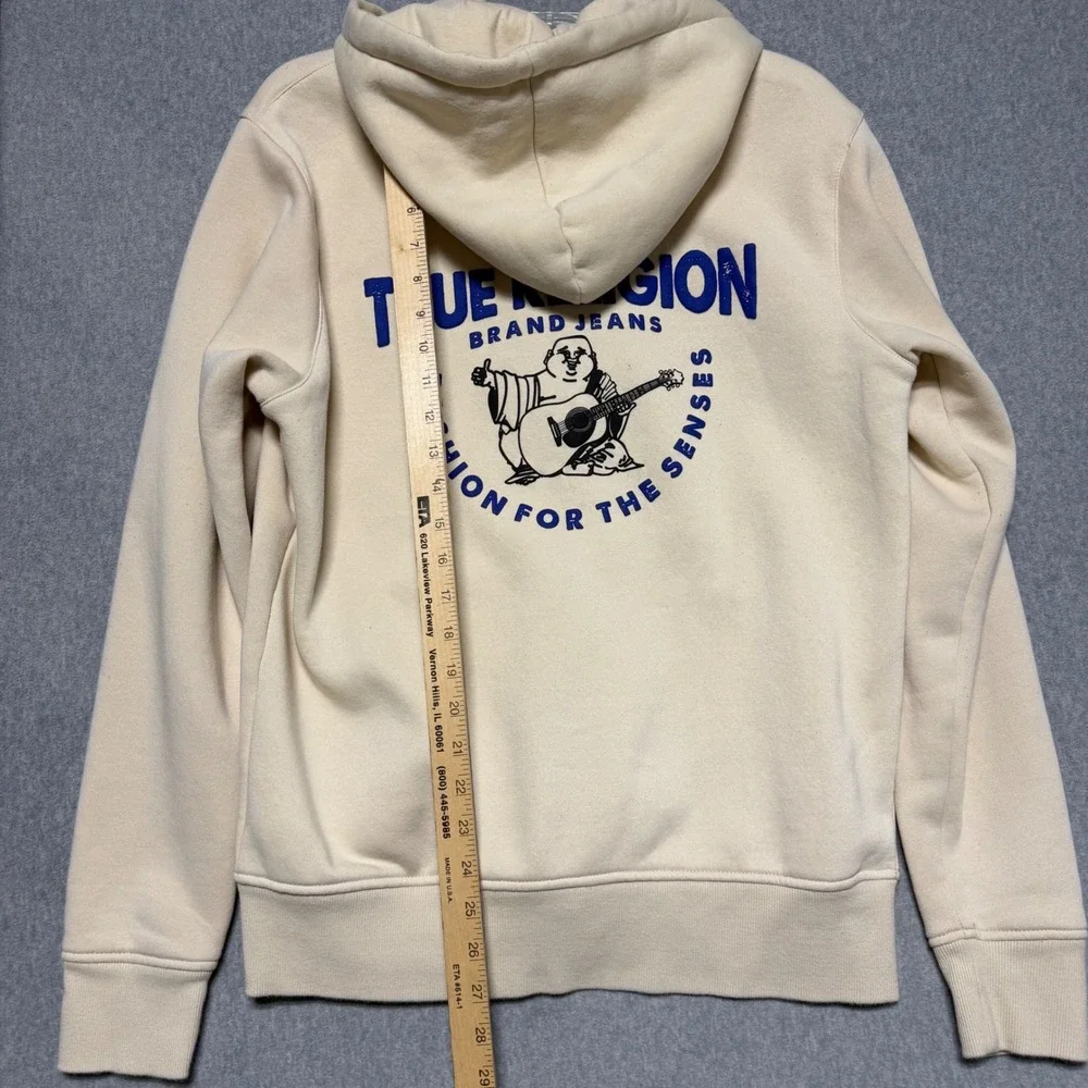 True Religion Mens Cream Full Zip Horseshoe Logo Fleece Hoodie Size Large L